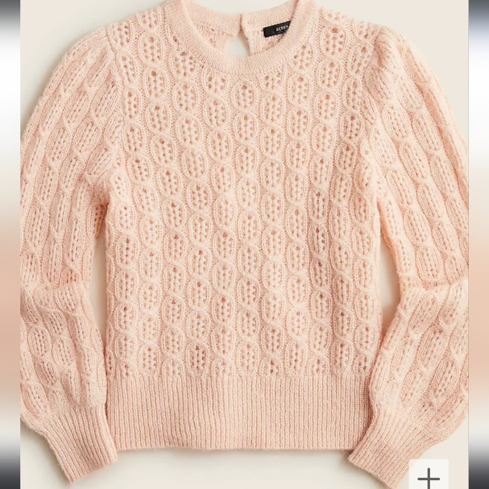 J. Crew Balloon Sleeve Eyelet Cable Knit Sweater in Light Pink Alpaca Blend